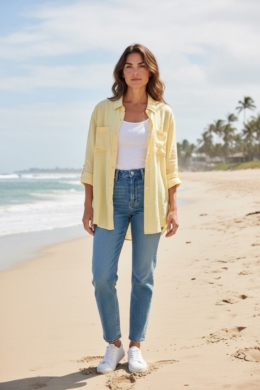 Charter Club Yellow Button Front Shirt Womens Roll Tab 100% Linen Size large